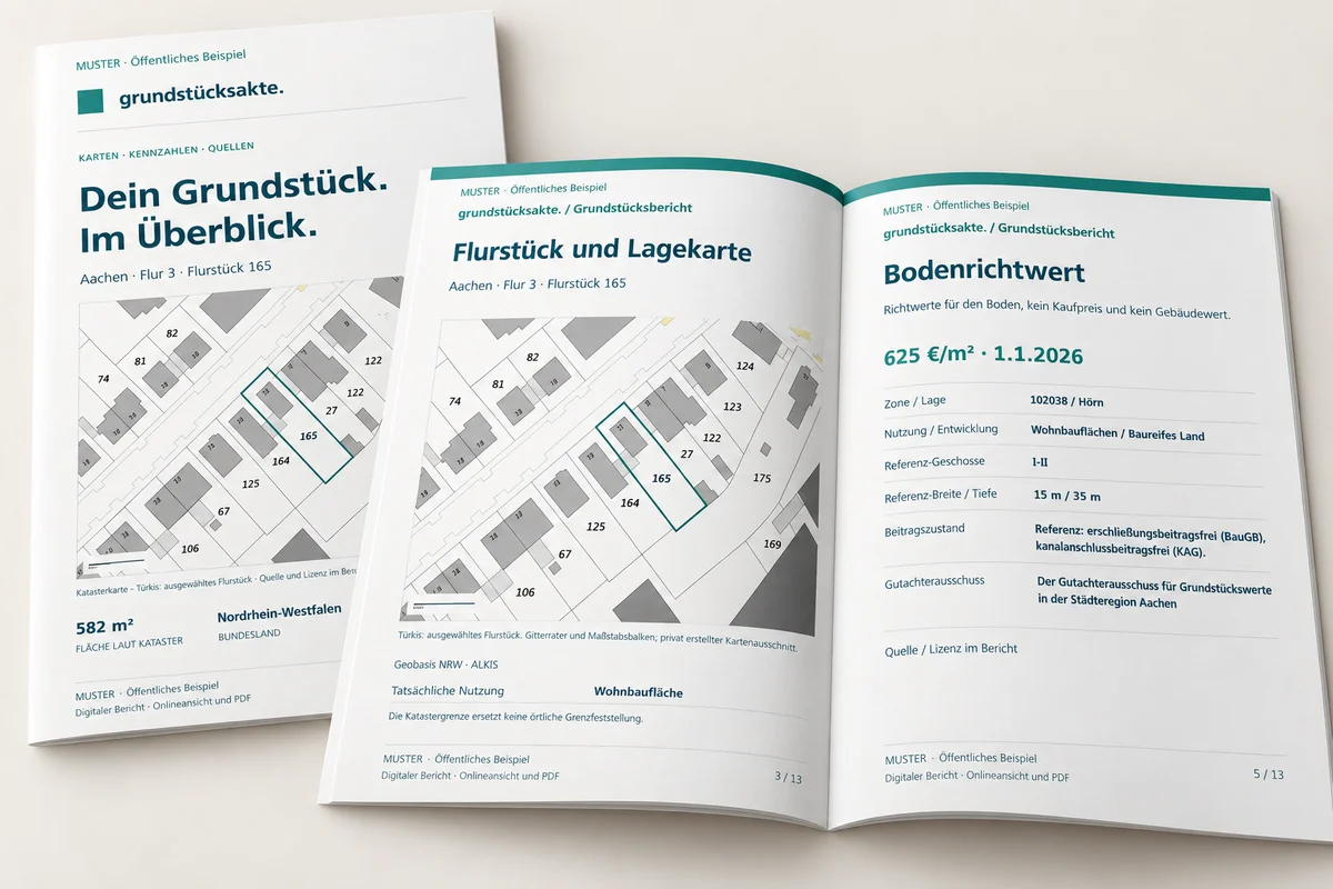 Illustration des Musterberichts mit Flurstückskarte und Bodenrichtwert